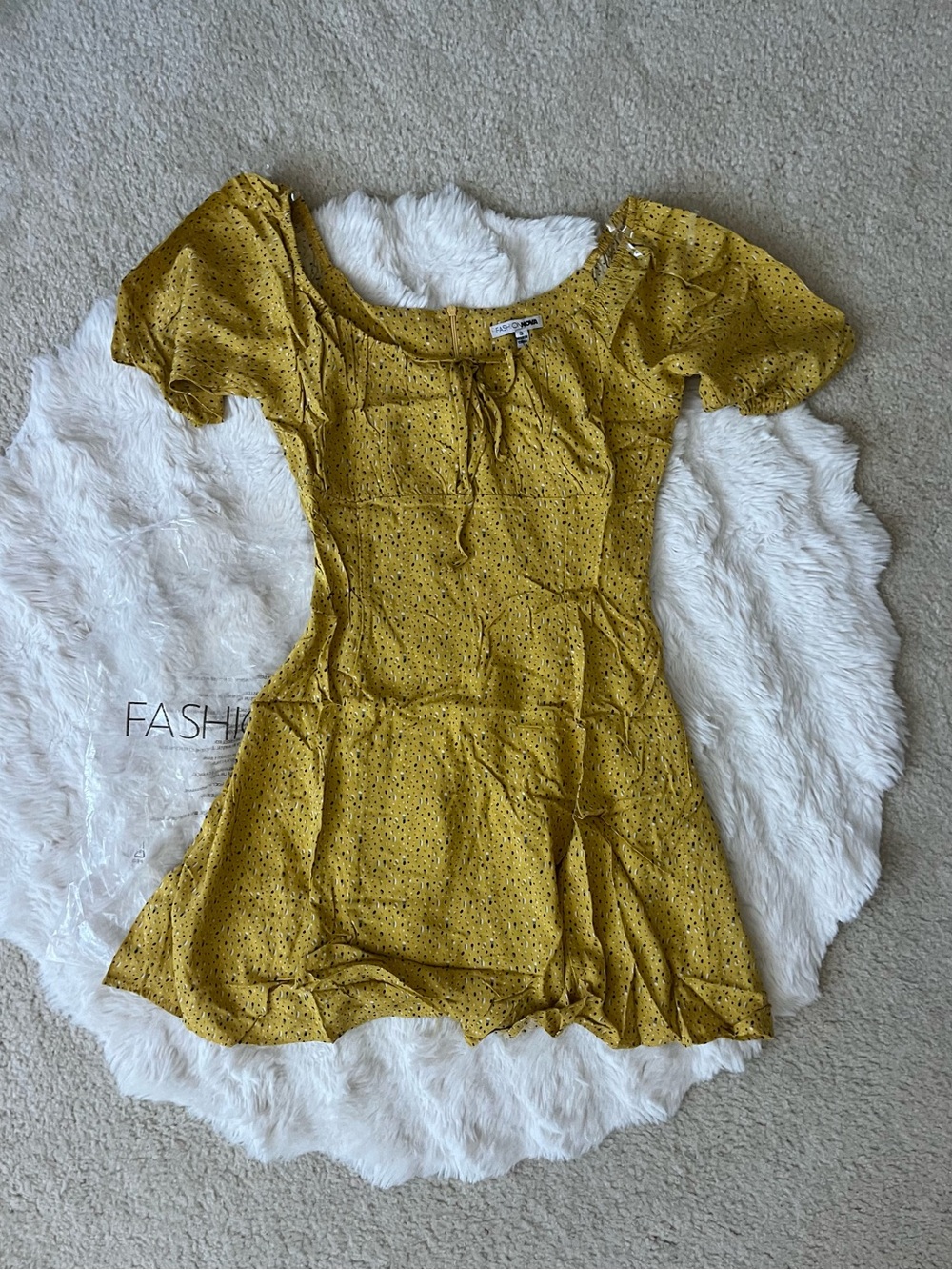 ✨Fashion Nova Mustard Yellow Polka Dot Puff Sleeve Milkmaid Mini Dress Size | S